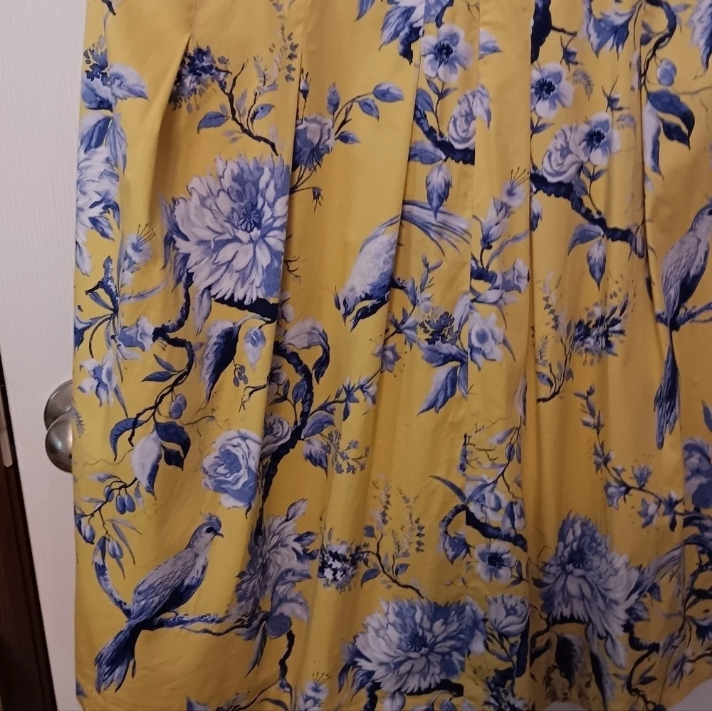 Talbots China Blue on Yellow Toile Print Sleeveless Fit & Flare Dress w/ Pockets